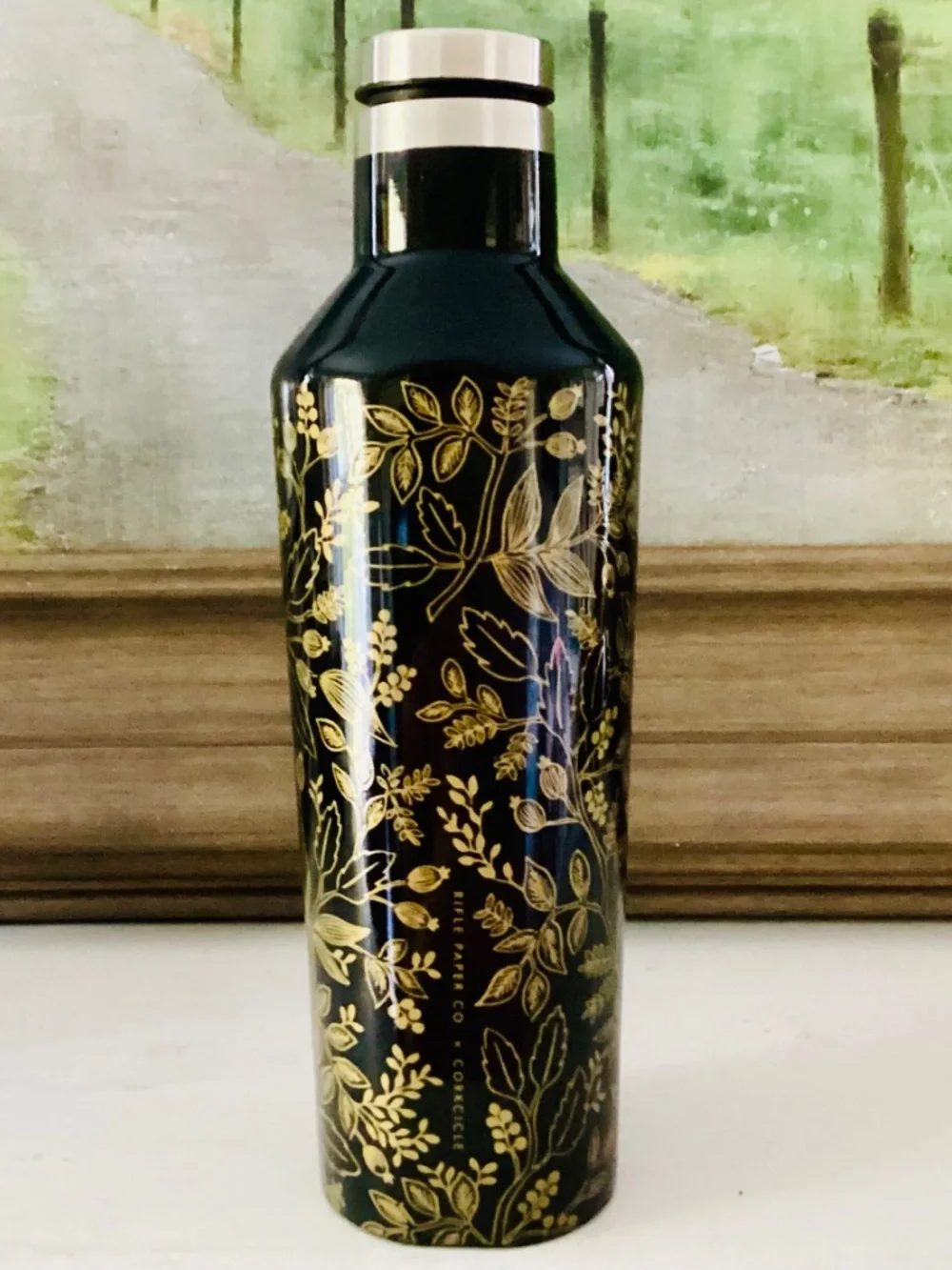 Corkcicle x Rifle Paper Black Gold Floral Queen Ann Canteen 16 Oz Tumbler Bottle